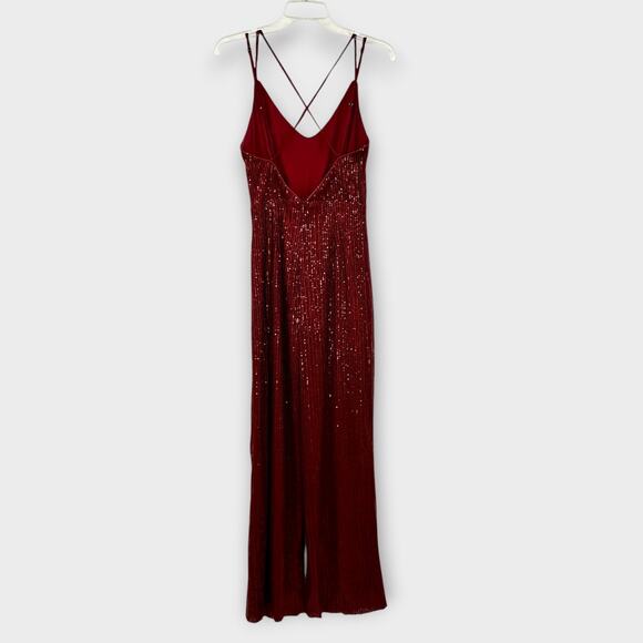 Lulus Wine Red Sequin Wide Leg Jumpsuit Size M Crisscross Open Back Sleeveless - Picture 12 of 16